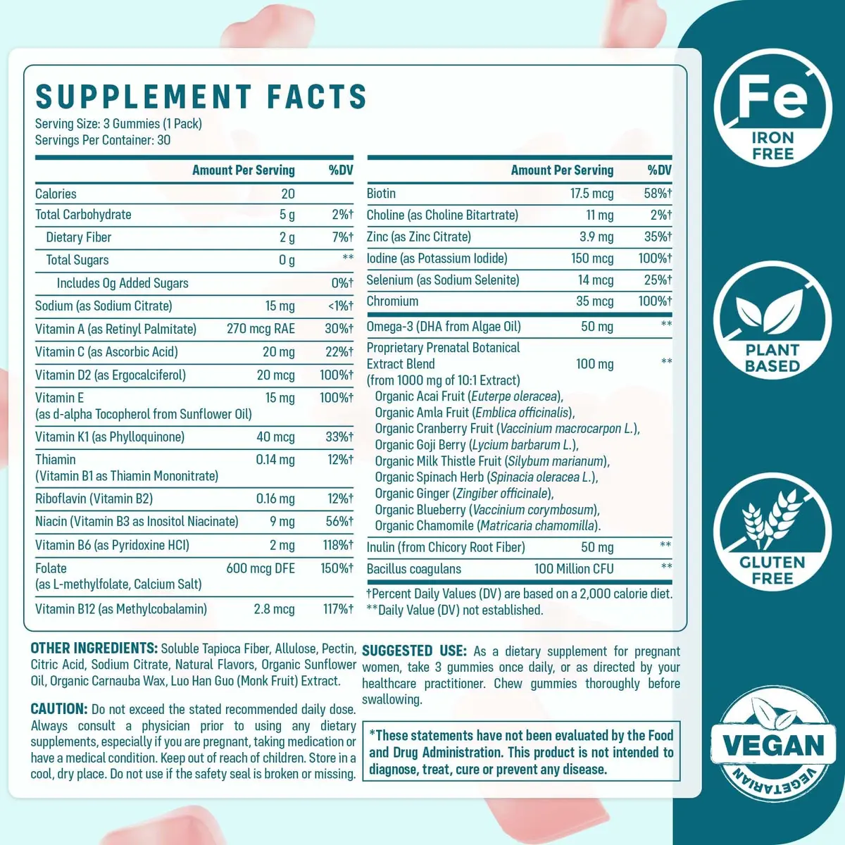 Quorinthiumax Prenatal Gummies Sugar Free 180 Count | Organic, DHA & Probiotics for Women - view 2