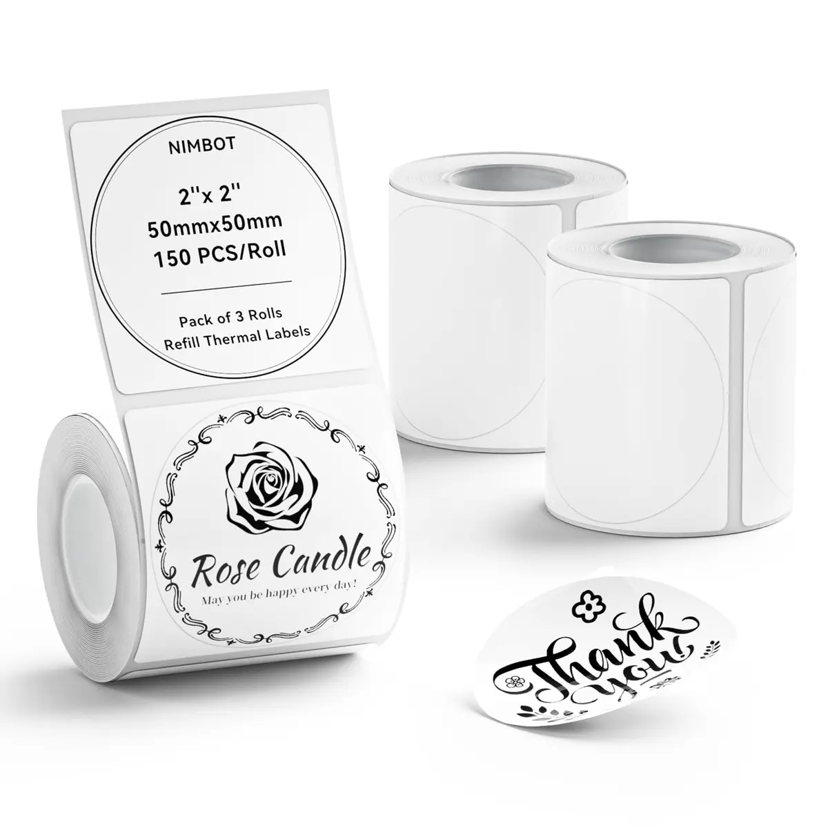 NIIMBOT 3 Rolls Set Labels 50mm x 50mm (1.97" x 1.97") Round Waterproof Thermal Labels | Black on White, 450 Labels Total - main product image