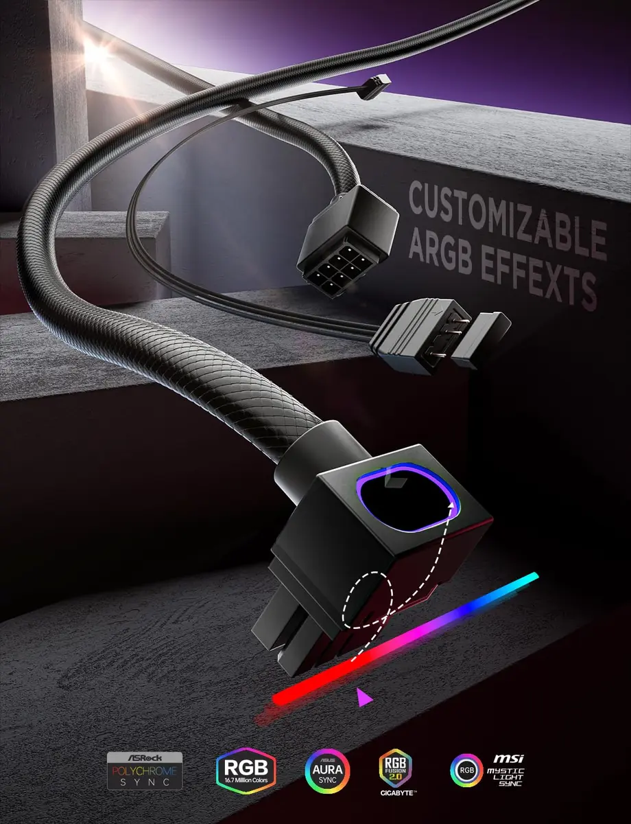 AsiaHorse Hydrus 8-Pin GPU PSU Extension Cable 30cm (11.81 in) | ARGB Lighting, 2500W Power Support - view 2