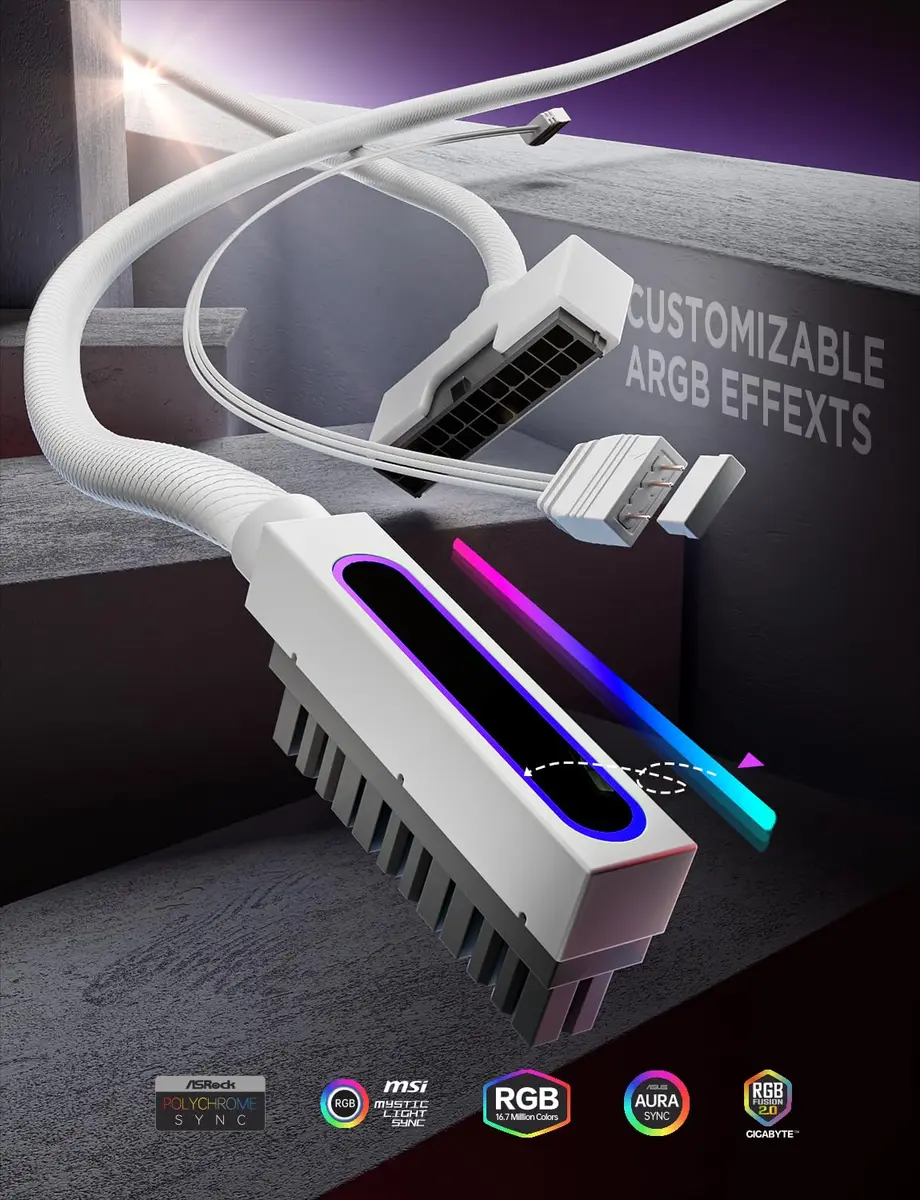 AsiaHorse Hydrus-24PIN PC PSU Extension Cable ARGB LED, Copper Wire Motherboard Power Extension, 30cm, White - view 8