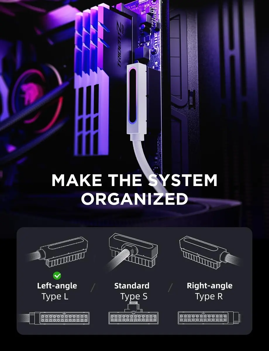 AsiaHorse Hydrus-24PIN PC PSU Extension Cable ARGB LED, Copper Wire Motherboard Power Extension, 30cm, White - view 2