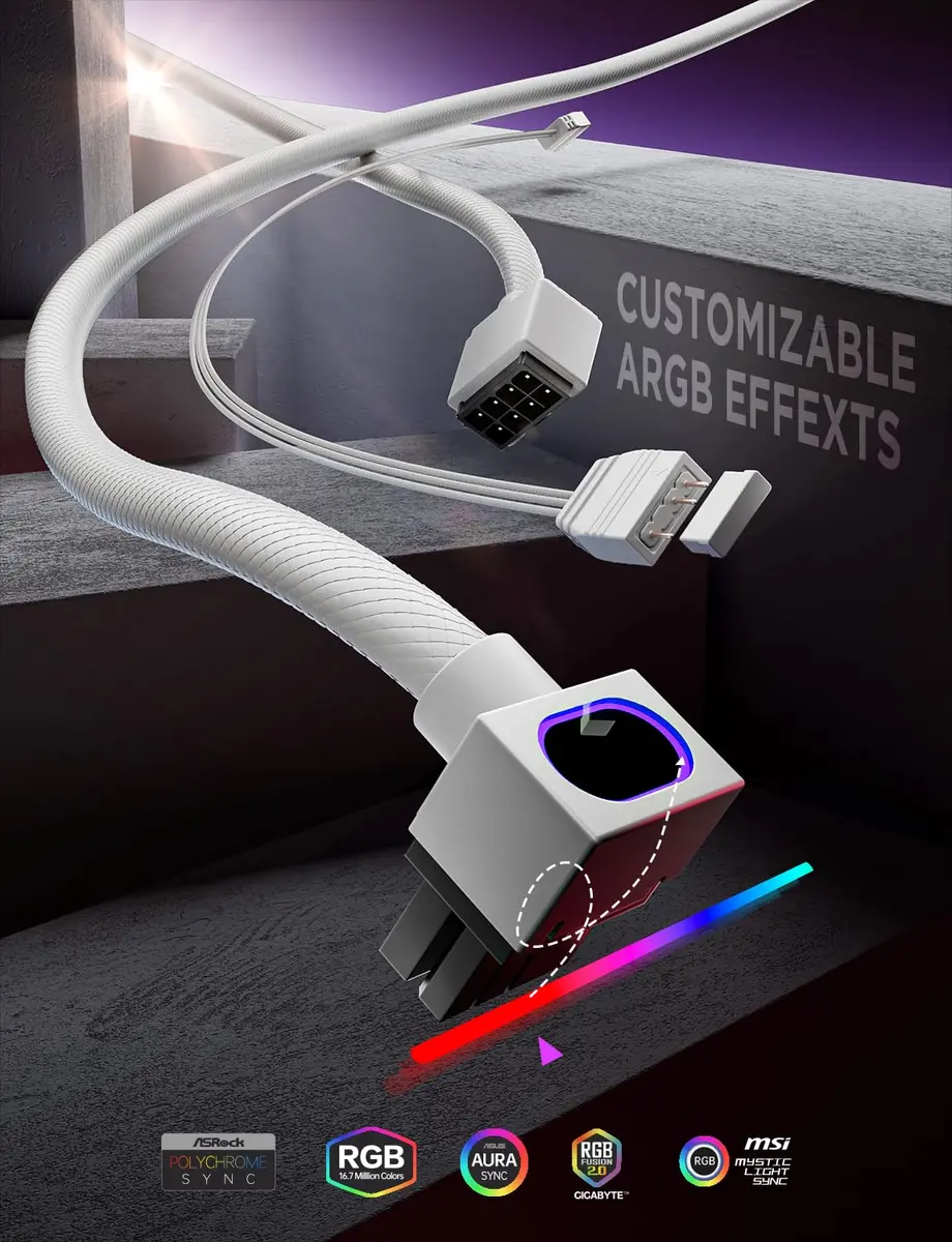 AsiaHorse Hydrus ARGB GPU PSU Extension Cable 30cm (11.81 in) White | Integrated Minimalist Design - view 3