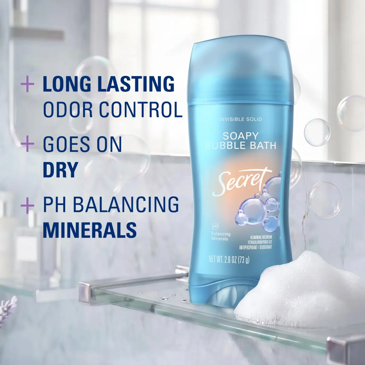 Secret Fresh Antiperspirant Deodorant for Women, Soapy Bubble Bath Scent, 72hr Protection, 77g (2.6 oz) - view 2