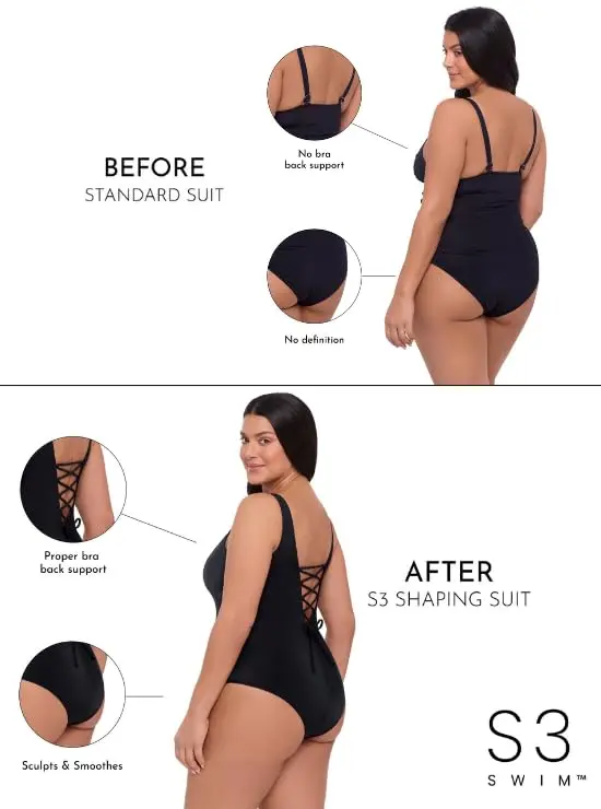 S3 Swim Women's Sculpting Square Neck Lace Back One Piece Swimsuit | Supportive Fit & Flattering Design - view 3