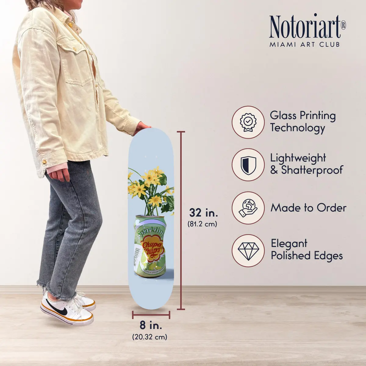 NotoriArt Trendy Pop Acrylic Wall Art Die-Cut 8" x 32" | Sparkling Floral Vase Skateboard - view 6