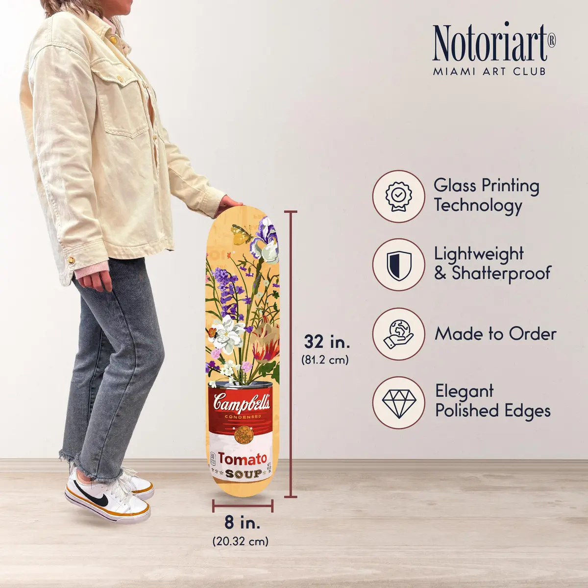 NotoriArt Trendy Pop Acrylic Wall Art Die-Cut 8" x 32" Floral Soup Can Skateboard - view 6