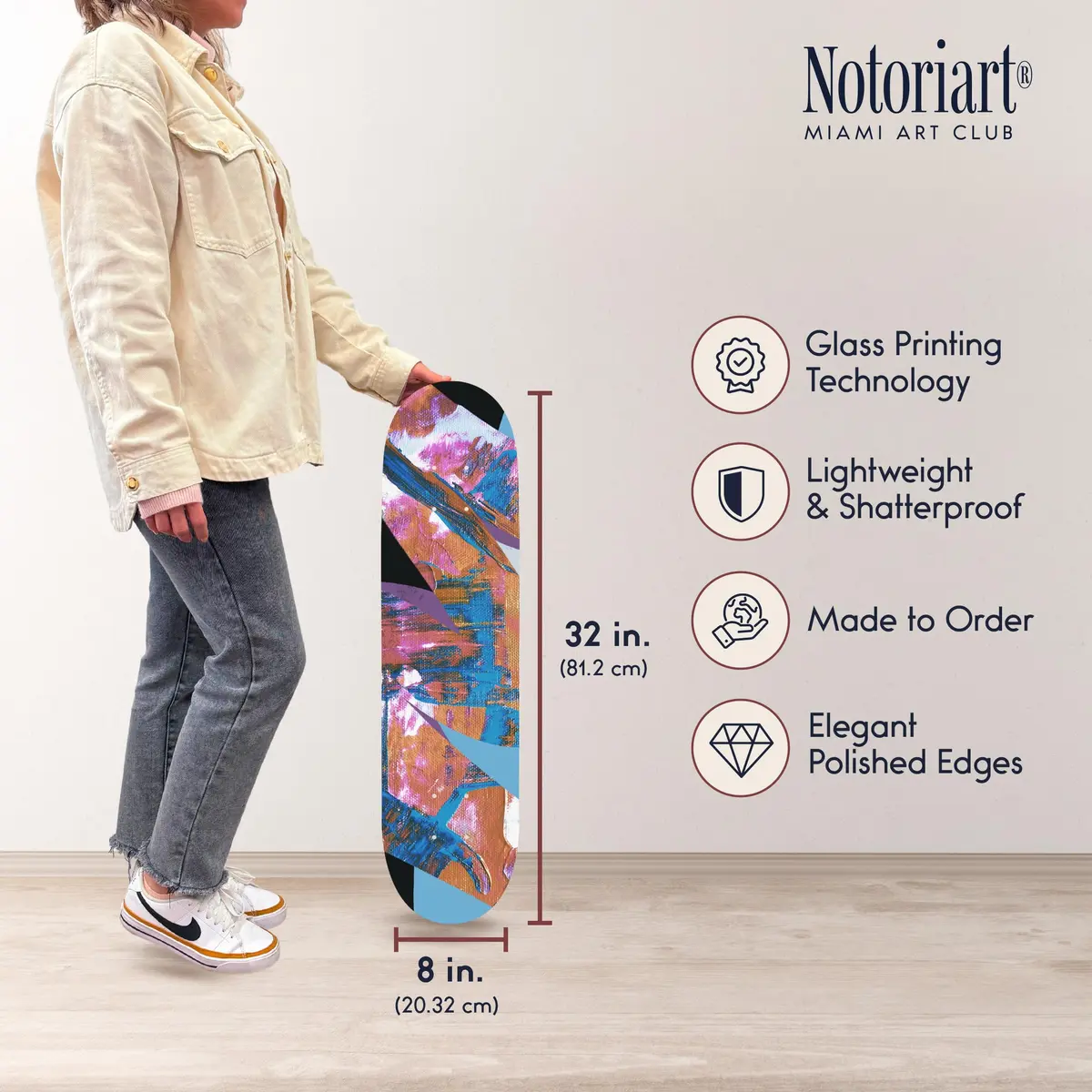 NotoriArt Pop Glitch Skateboard Wall Art 8" x 32" | Vibrant Acrylic Decor for Urban Spaces - view 6