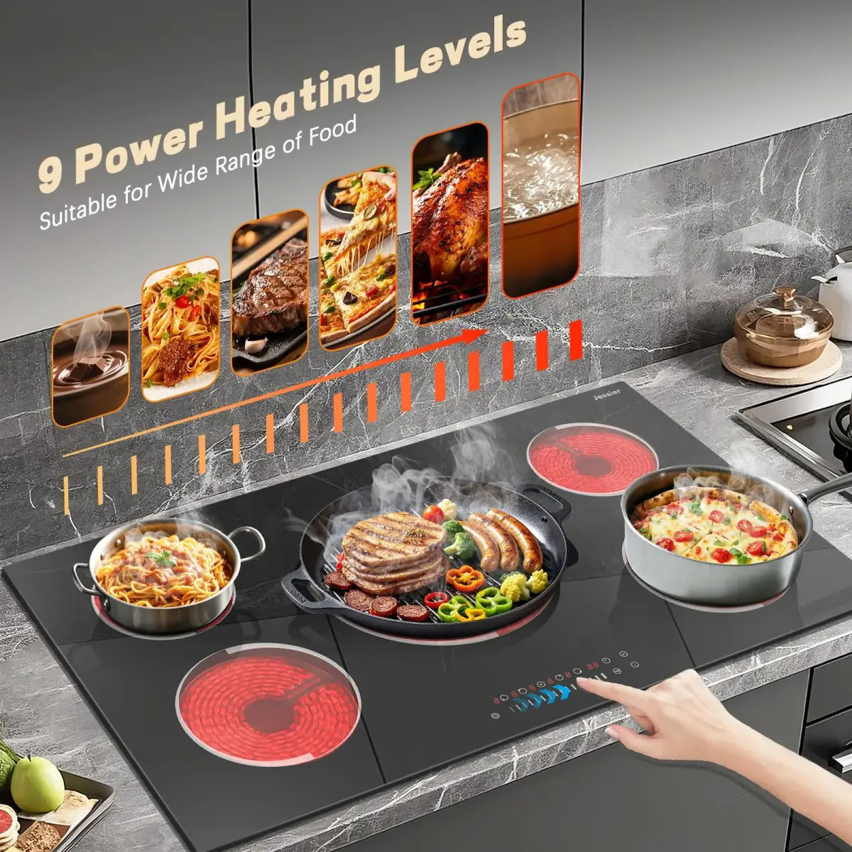 Jessier 36 Inch 5-Burner Electric Cooktop 9200W 220-240V | Slide-Touch Control with Timer & Safety Lock - view 2