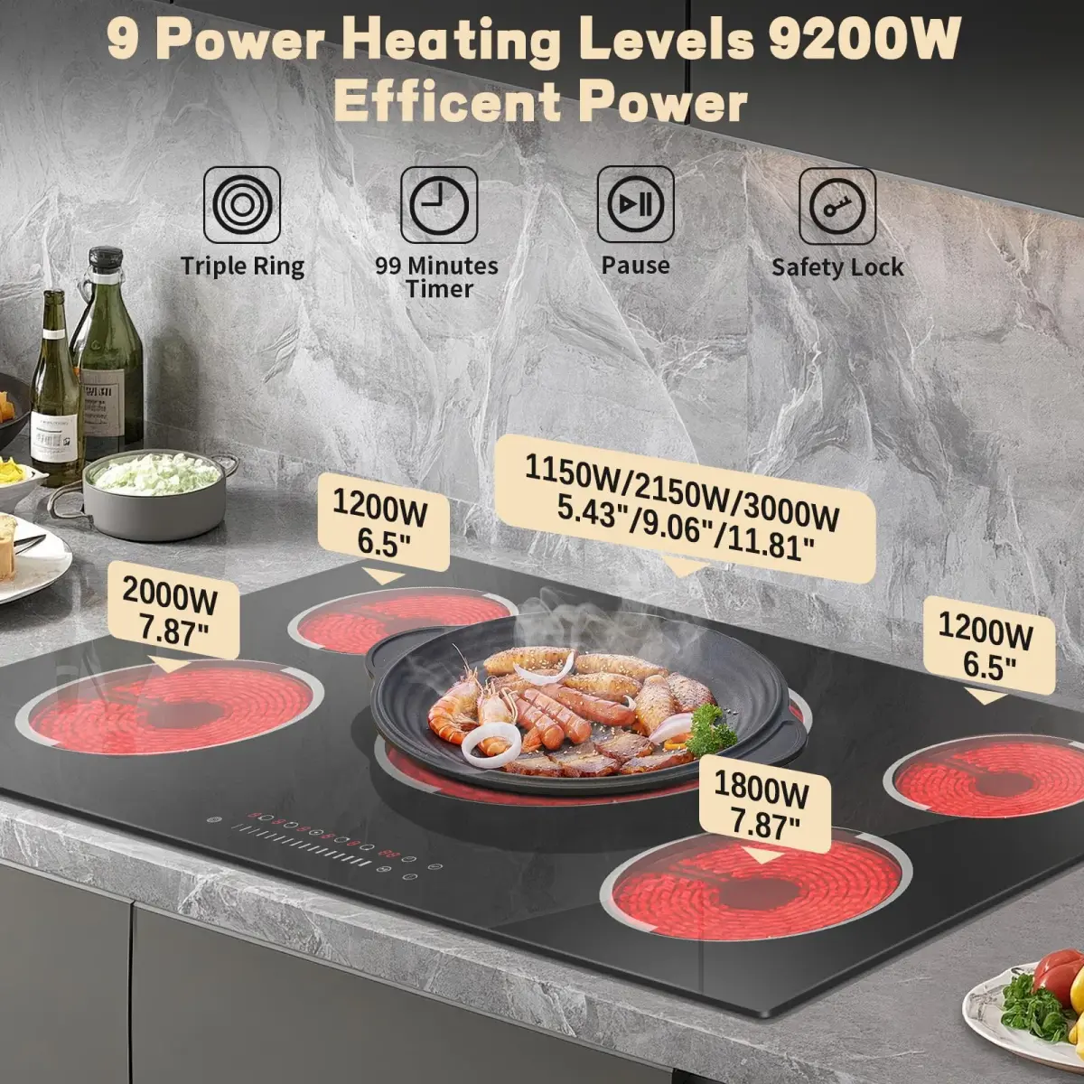 Jessier 36 Inch 5-Burner Electric Cooktop 9200W 220-240V | Slide-Touch Control with Timer & Safety Lock - view 4