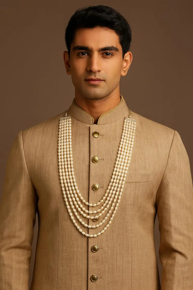 I Jewels 5 Layered Indian Wedding Bollywood Gold Plated Dulha Moti Mala Maharaja Haar for Men (Style 2) | Traditional Groom Necklace - view 3