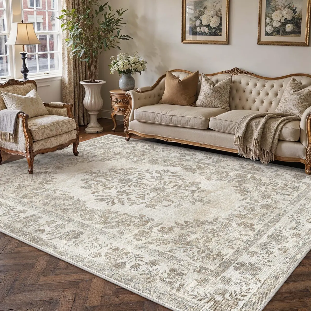 PureCozy 5x7 Washable Area Rug Cream Beige | Vintage Floral, Non Slip, Kid & Pet Friendly - main product image