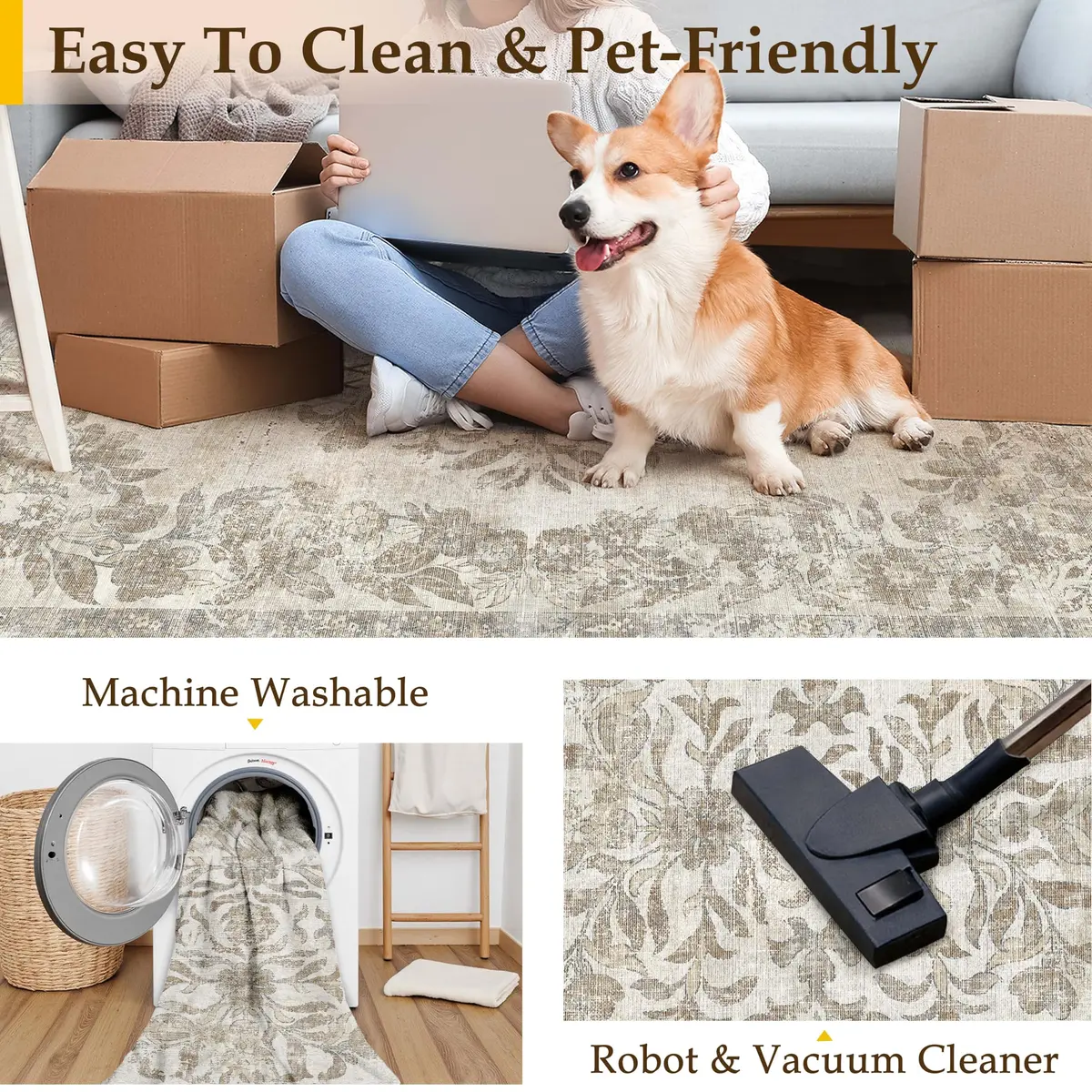 PureCozy 5x7 Washable Area Rug Cream Beige | Vintage Floral, Non Slip, Kid & Pet Friendly - view 6