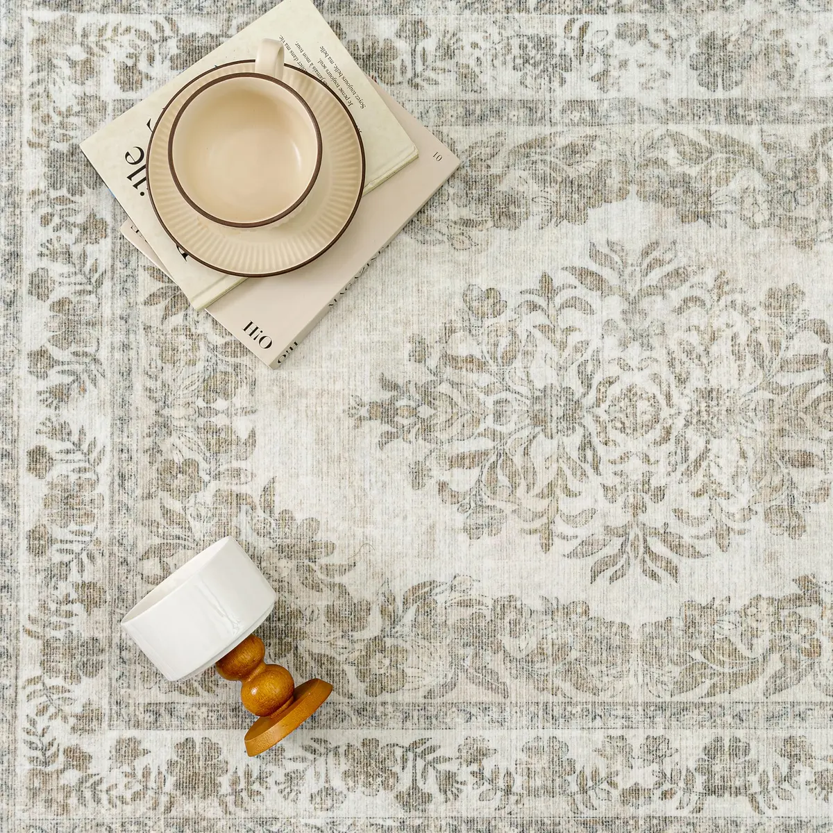 PureCozy 5x7 Washable Area Rug Cream Beige | Vintage Floral, Non Slip, Kid & Pet Friendly - view 7