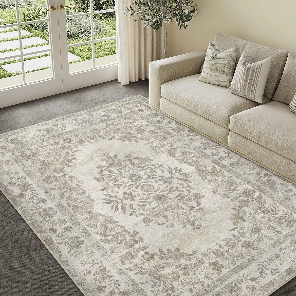 PureCozy 5x7 Washable Area Rug Cream Beige | Vintage Floral, Non Slip, Kid & Pet Friendly - view 3