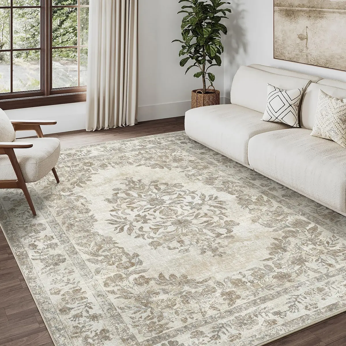 PureCozy 5x7 Washable Area Rug Cream Beige | Vintage Floral, Non Slip, Kid & Pet Friendly - view 4