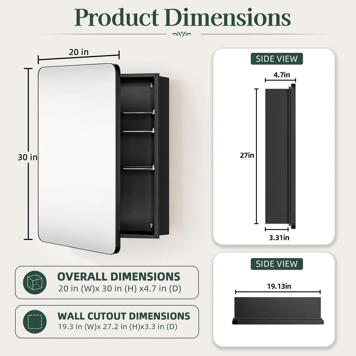 GoTiling Bathroom Medicine Cabinet with Mirror, 20x30 Inch | Recessed or Surface Mount, Adjustable Shelves, Matte Black - view 2