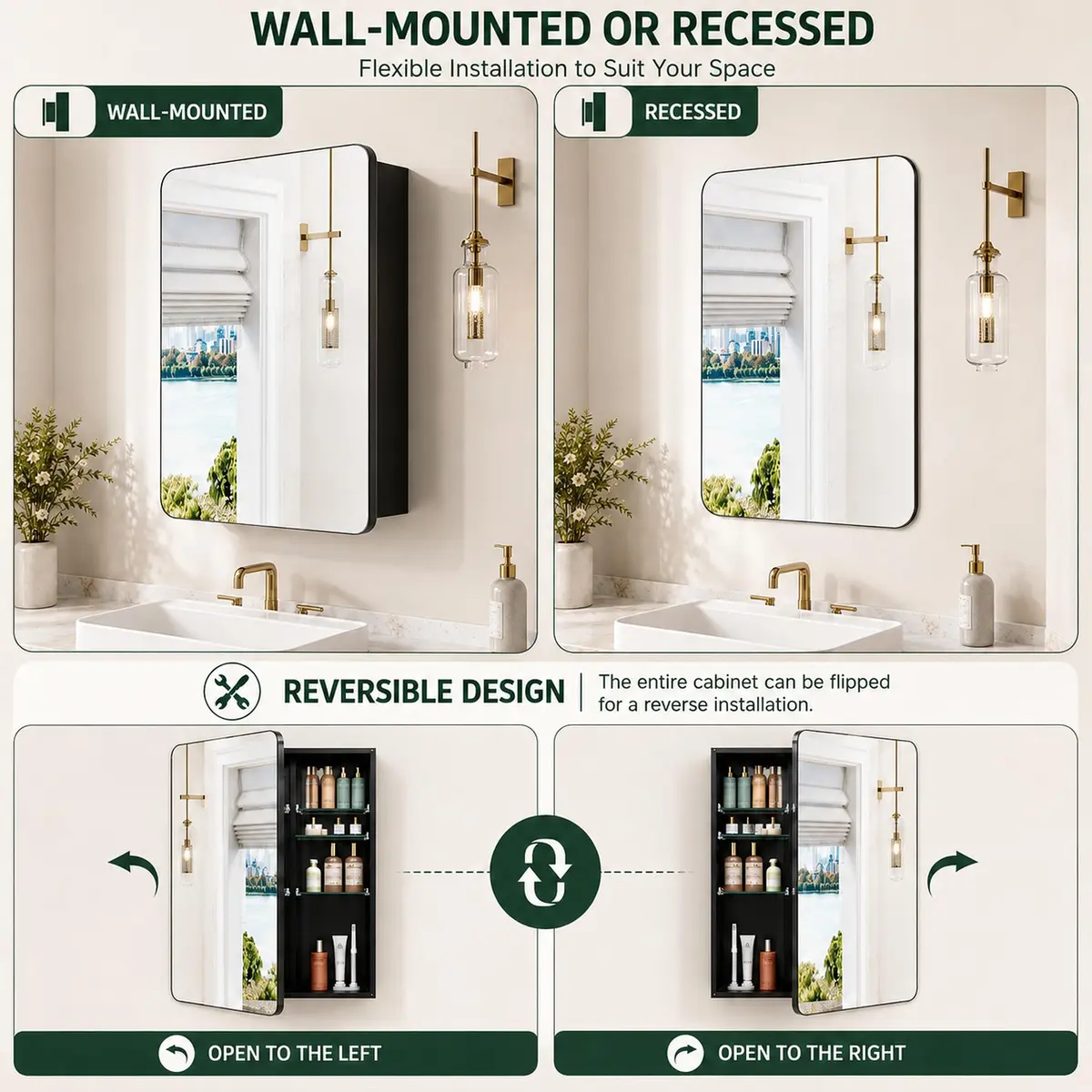 GoTiling 16x24 Black Medicine Cabinet with Mirror | Recessed & Surface Mount, Modern Design - view 5