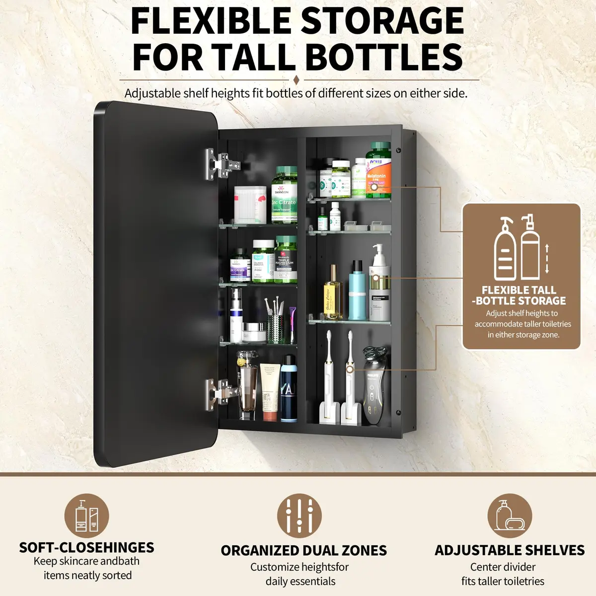 GoTiling 16x24 Black Medicine Cabinet with Mirror | Recessed & Surface Mount, Modern Design - view 3