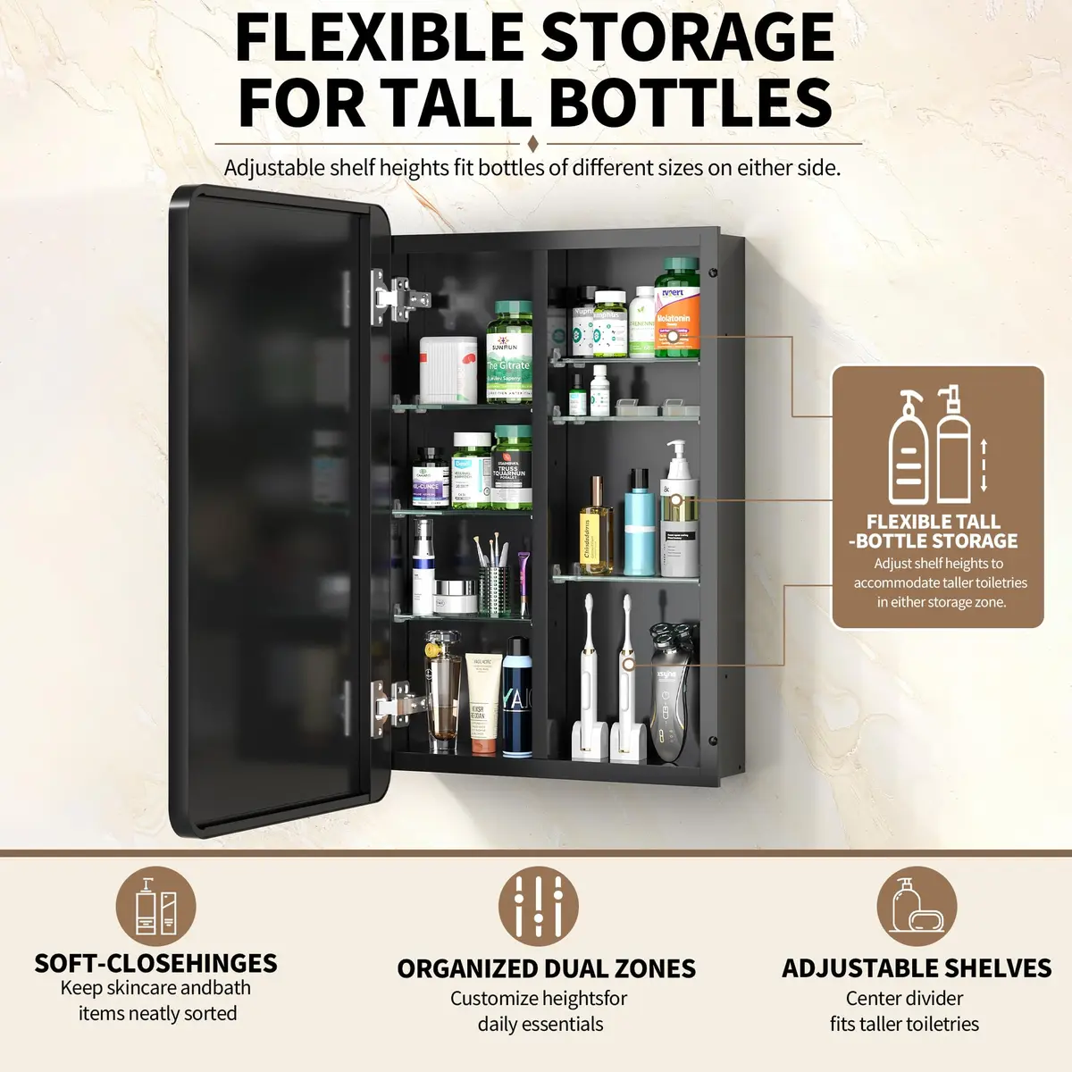 GoTiling 20x26 Black Medicine Cabinet with Mirror | Recessed & Surface Mount, Modern Design - view 3