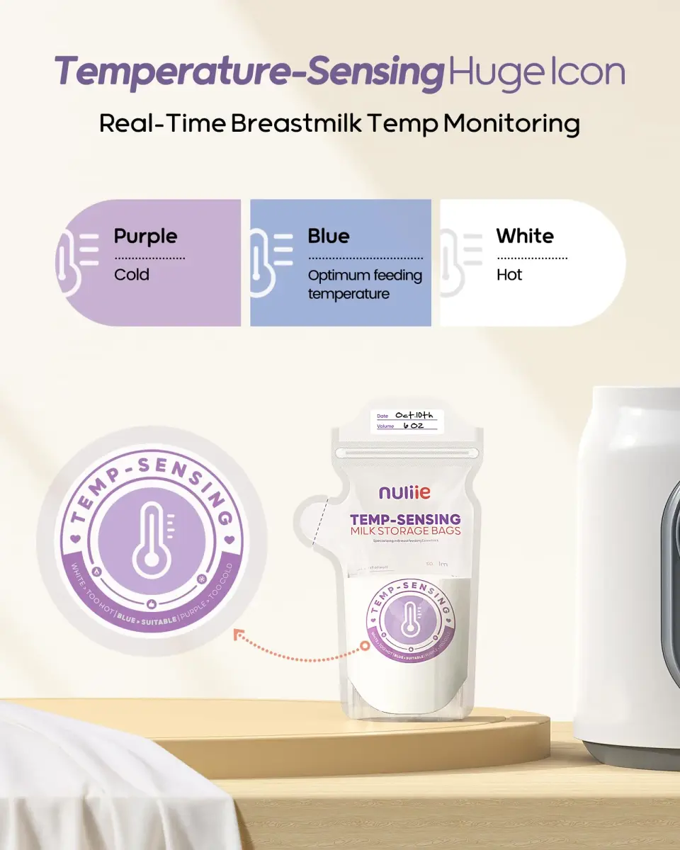 Nuliie Temp-Sensing Breastmilk Storage Bags 150 Count (6oz/177ml) | BPA-Free, Leak-Proof, Double Zipper with Magnetic Clip - view 3
