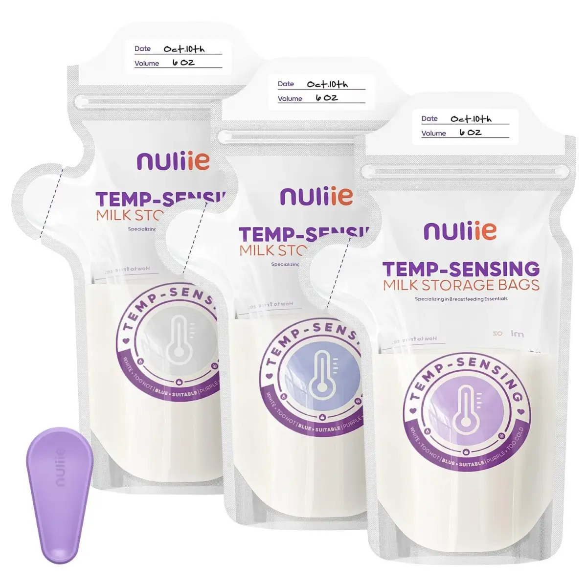 Nuliie Temp-Sensing Breastmilk Storage Bags 240 Count | 6oz Freezer Safe with Locking Clamp & Pour Spout - main product image