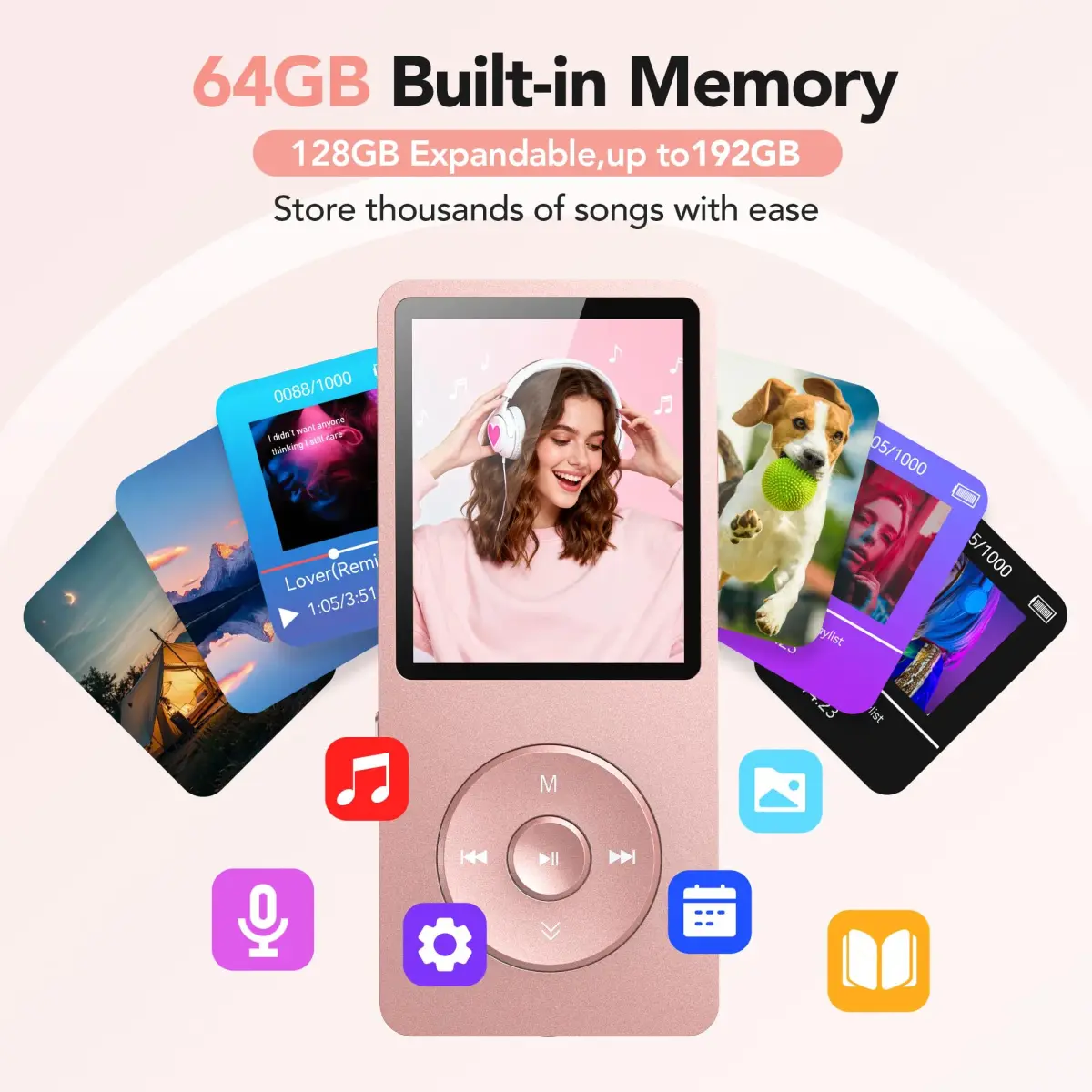 AGPTEK A02PL MP3 Player 64GB Rose Gold | 65 Hours Playback - view 3