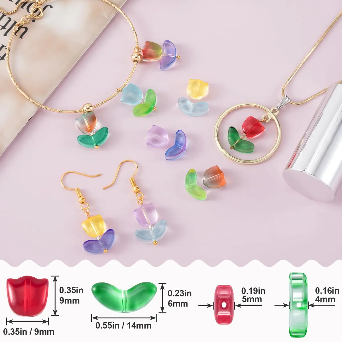 PAGOW 120pcs Tulip Flower Glass Beads | Colorful Czech Handcrafted Loose Glass Beads for Jewelry - view 2