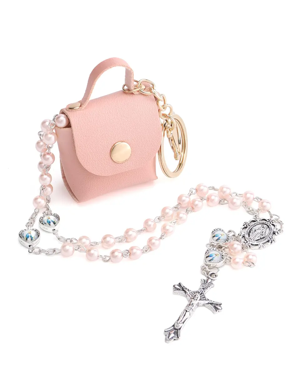 DERAKUS Rosary Beads Catholic for Women Pearls Pink | Portable Religious Prayer Accessory - main product image