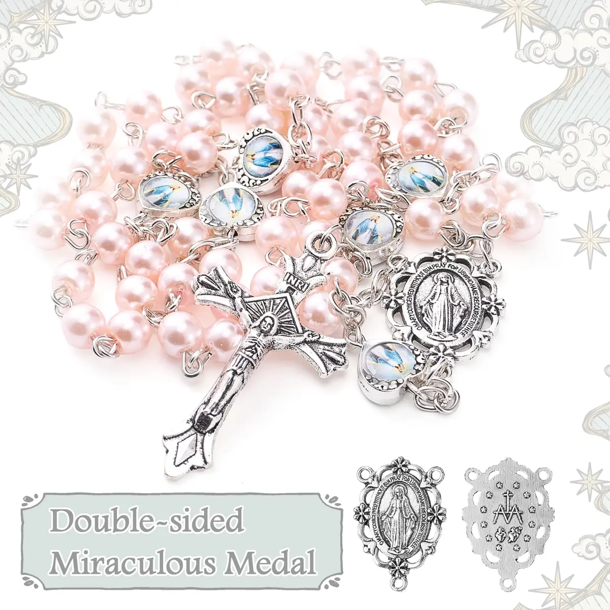 DERAKUS Rosary Beads Catholic for Women Pearls Pink | Portable Religious Prayer Accessory - view 2