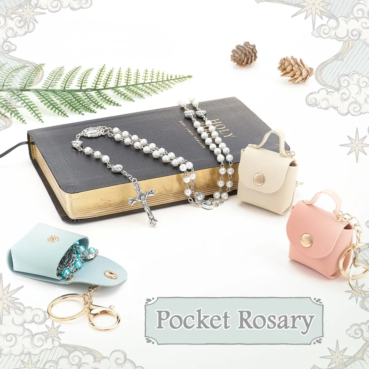 DERAKUS Rosary Beads Catholic for Women Pearls Pink | Portable Religious Prayer Accessory - view 4