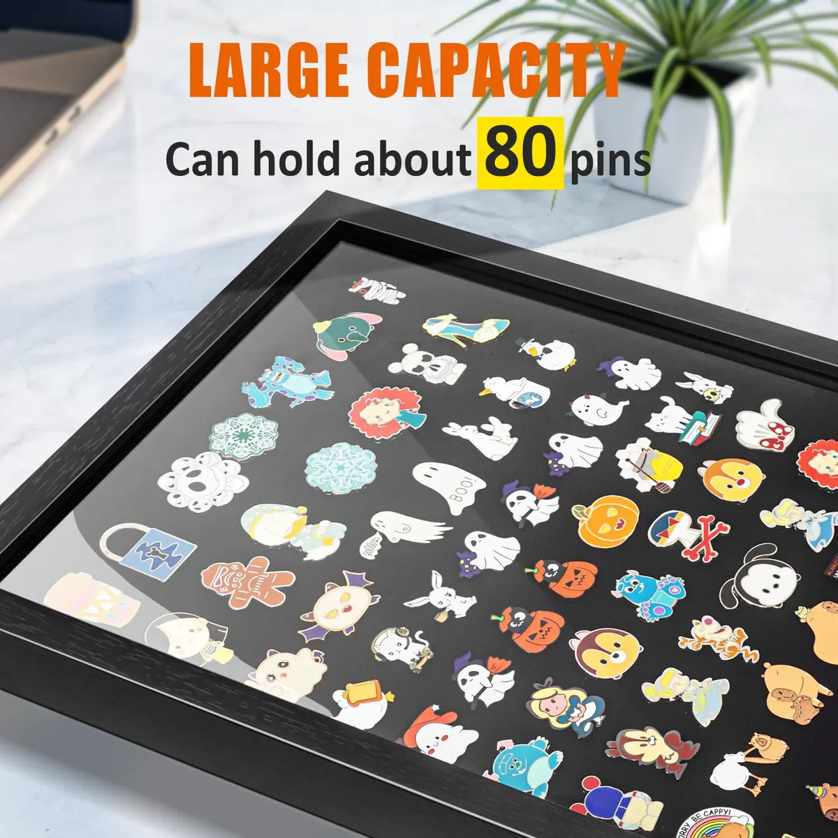 tutata 12x16 Pin Display Case Wall Mount Shadow Box | Holds 80 Pins, Durable Fiberboard, Black - view 6