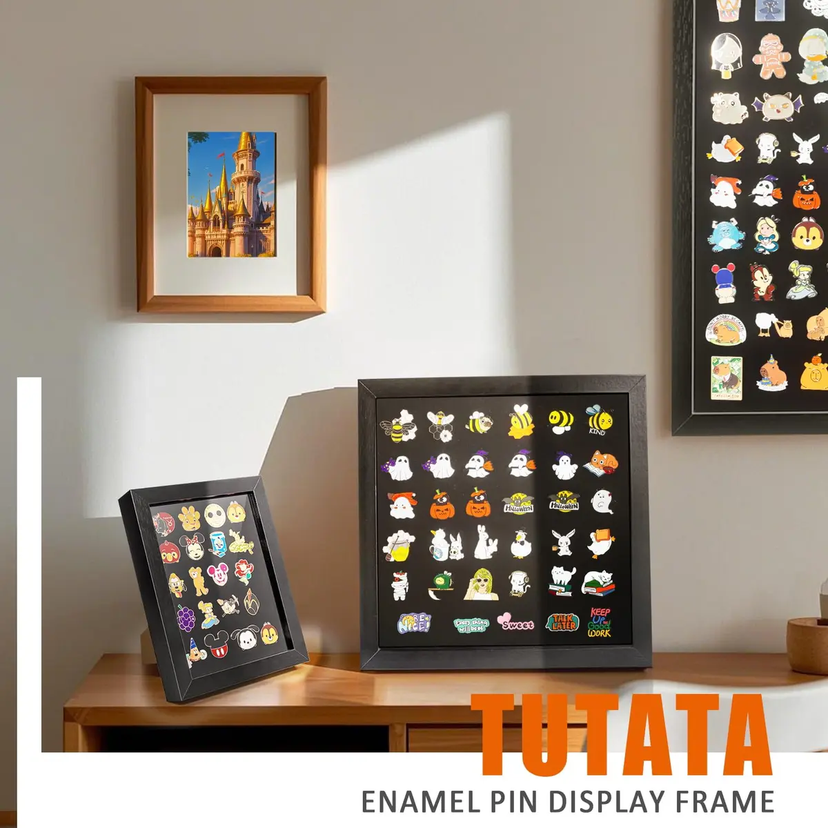tutata 12x16 Pin Display Case Wall Mount Shadow Box | Holds 80 Pins, Durable Fiberboard, Black - view 7