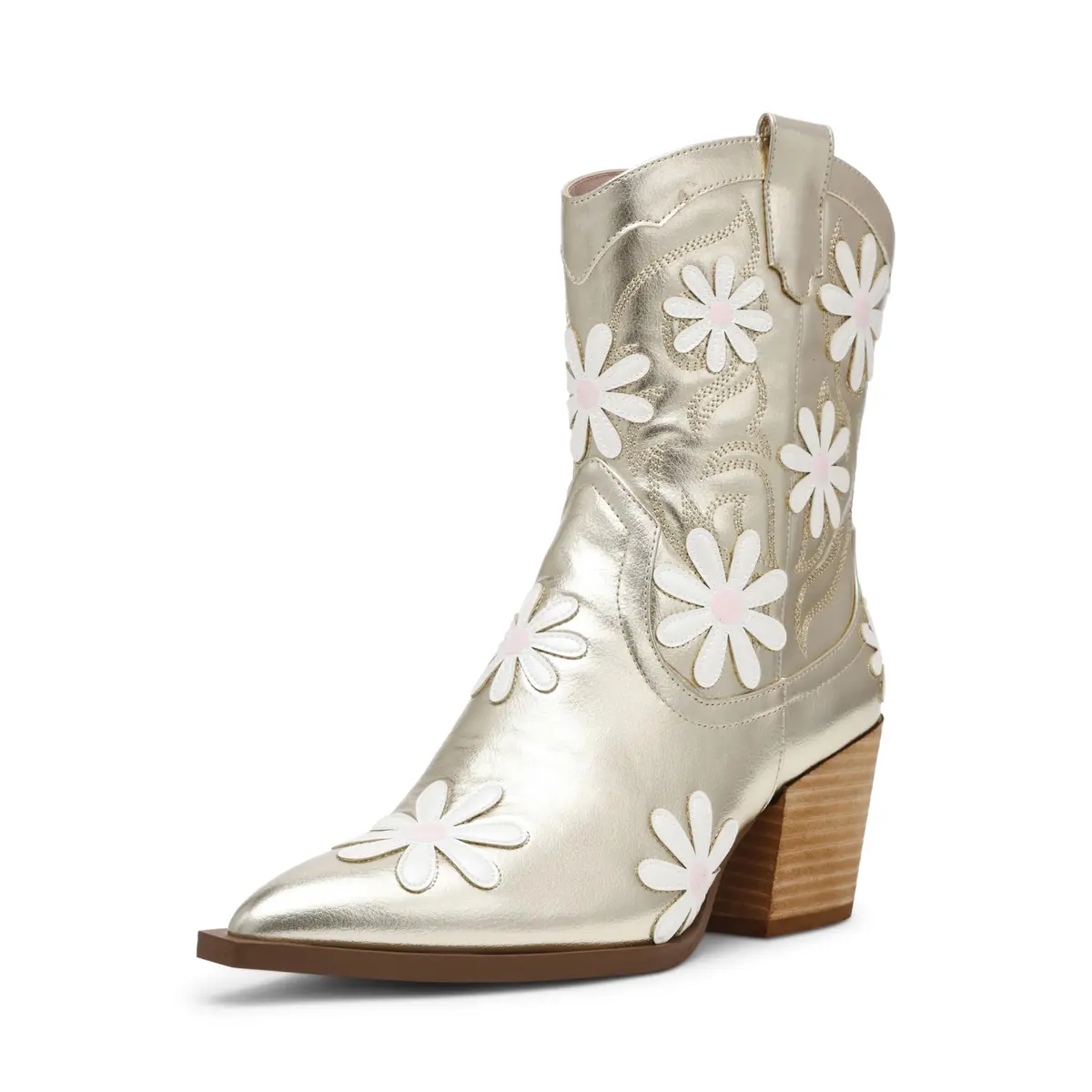 Betsey Johnson Teddyy Western Boot, Gold, 8.5 | Floral & Wood Heel Design - main product image