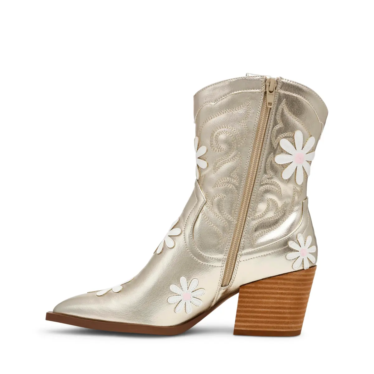 Betsey Johnson Teddyy Western Boot, Gold, 8.5 | Floral & Wood Heel Design - view 2