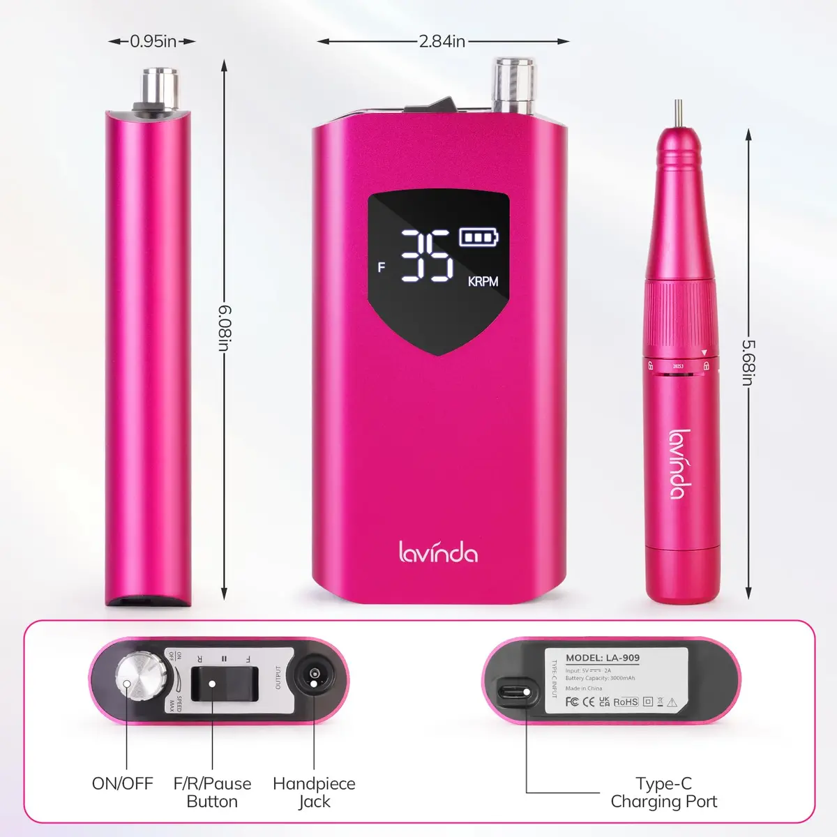 Lavinda Professional Nail Drill 35000 RPM Cordless Efile Machine | 10-Hour Battery, Viva Magenta - view 6