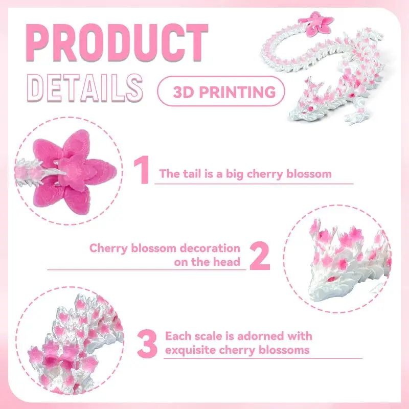 SGYYSG 3D Printed Articulated Dragon Toy, 12 Inch Cherry Blossom Crystal Dragon | Fantasy Collectible with Glow Effect - view 3