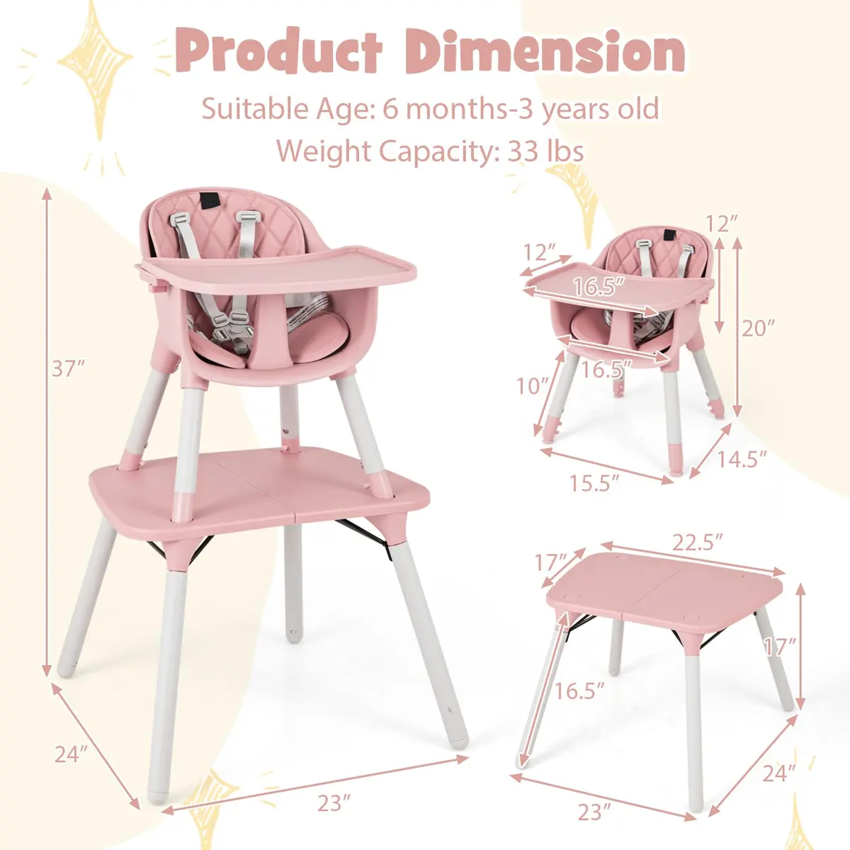 HONEY JOY 6-in-1 High Chair Pink | Convertible Baby & Toddler Feeding Chair - view 8