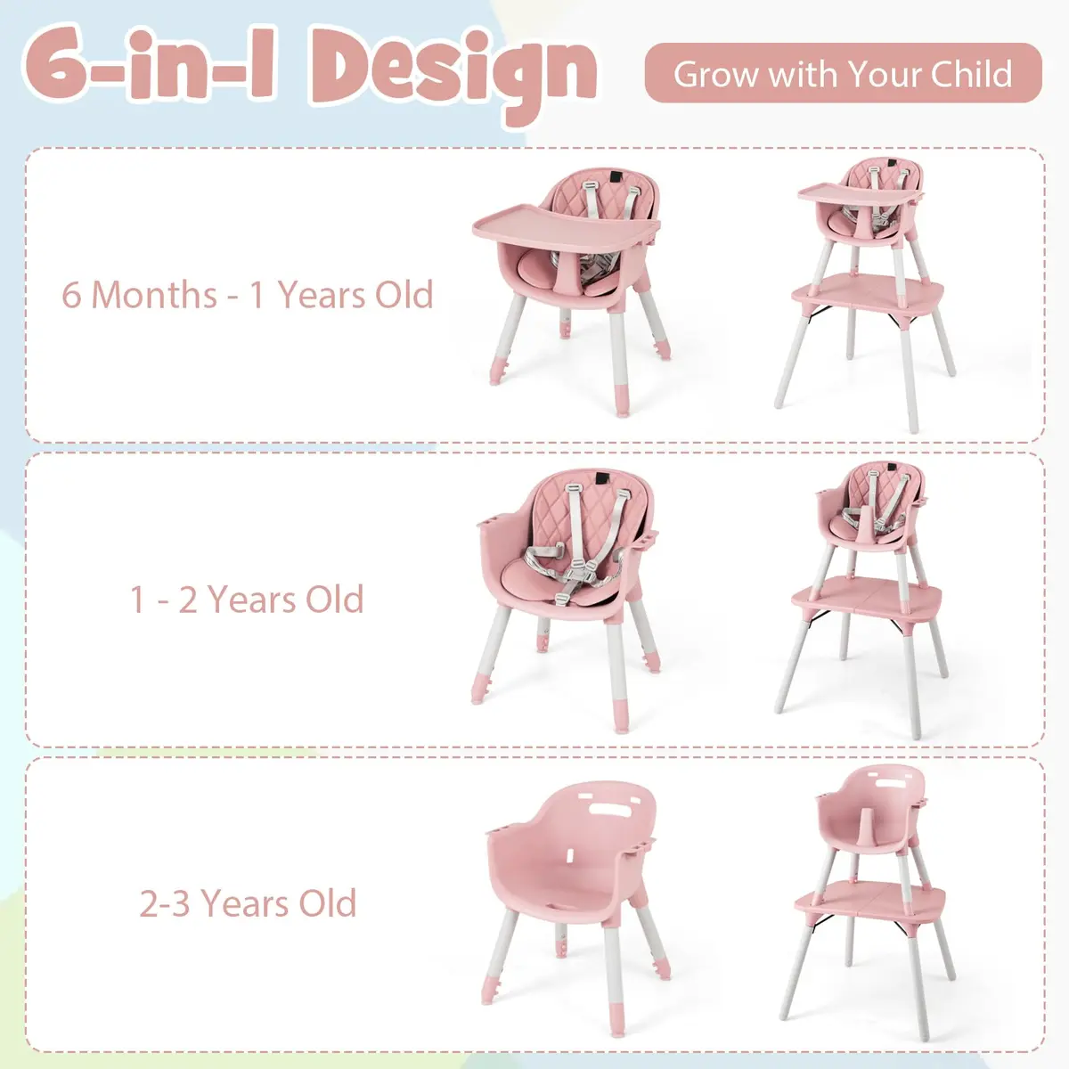 HONEY JOY 6-in-1 High Chair Pink | Convertible Baby & Toddler Feeding Chair - view 3