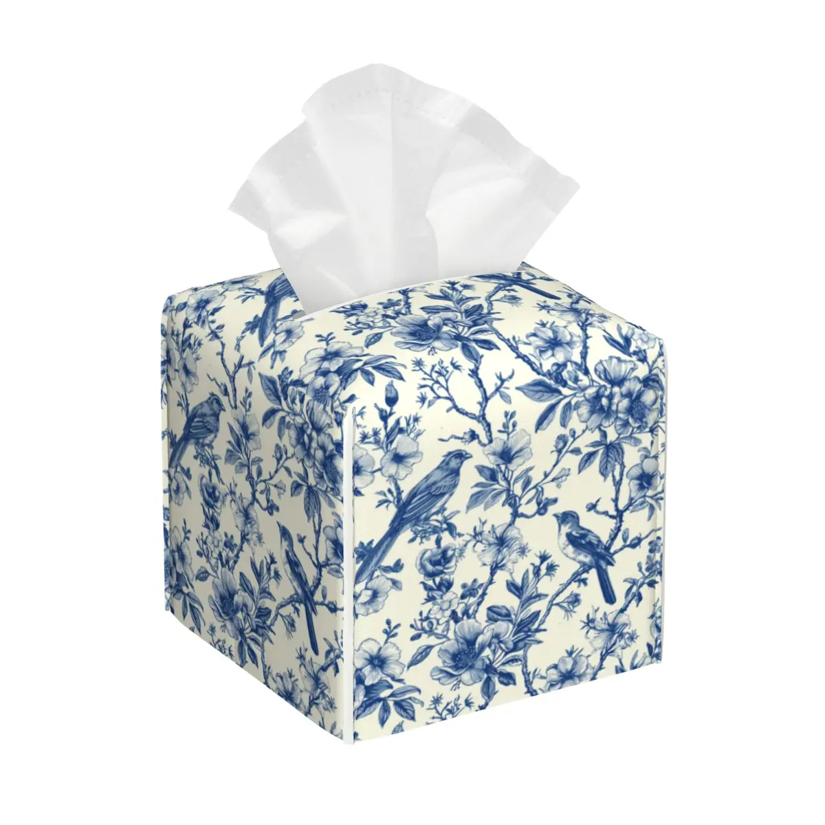 QCBBIRC Tissue Box Cover Square | Vintage Floral & Blue Bird Waterproof Leather (5.2" x 5.2" x 5.2") - main product image