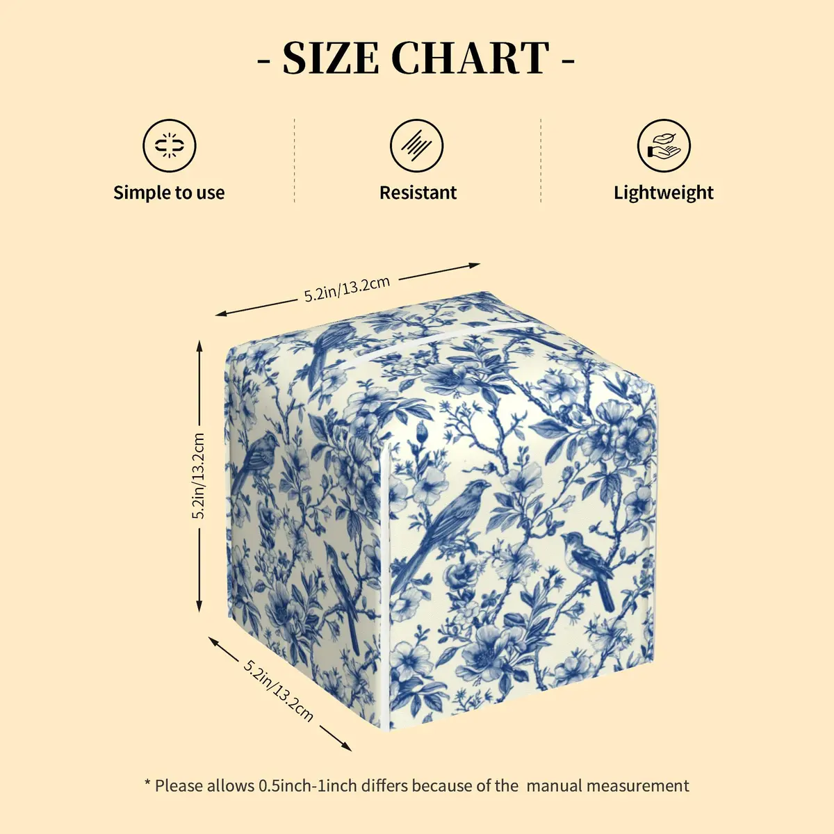 QCBBIRC Tissue Box Cover Square | Vintage Floral & Blue Bird Waterproof Leather (5.2" x 5.2" x 5.2") - view 2