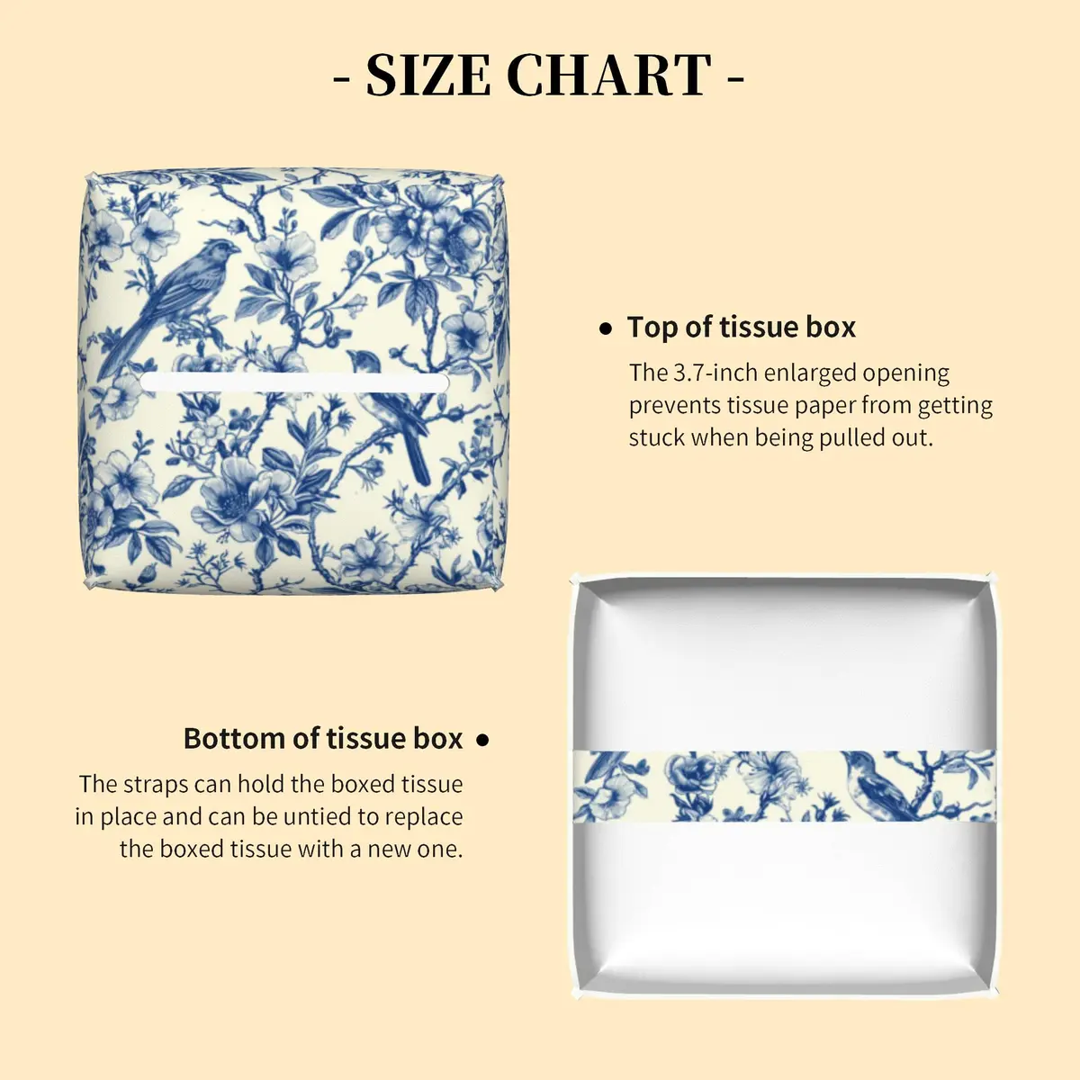 QCBBIRC Tissue Box Cover Square | Vintage Floral & Blue Bird Waterproof Leather (5.2" x 5.2" x 5.2") - view 3
