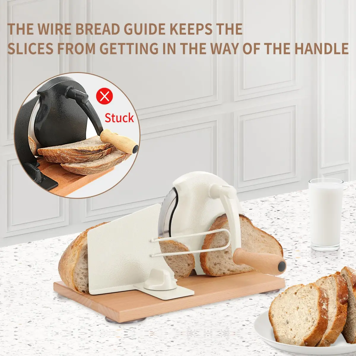 CAWIU Sourdough Bread Slicer, Manual Bread Cutter with Hand Crank, Cream | Adjustable Thickness 2.3cm (0.9 inches) - view 3