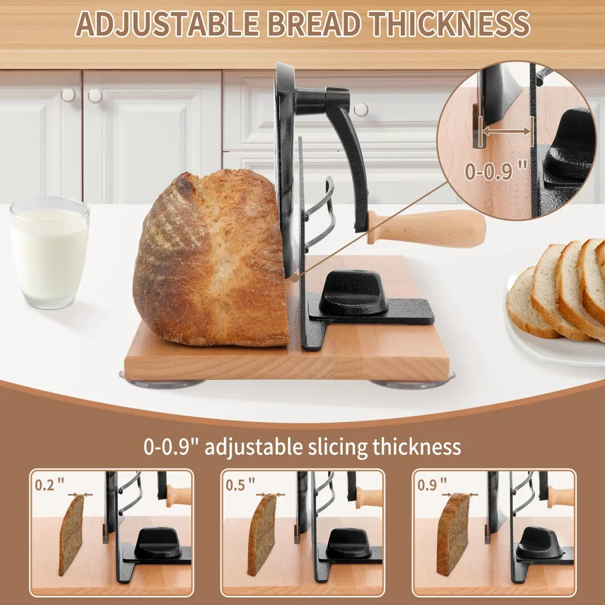 CAWIU Sourdough Bread Slicer, Manual Bread Cutter with Hand Crank, Black | Adjustable Thickness 23mm (0.9 inch) - view 2