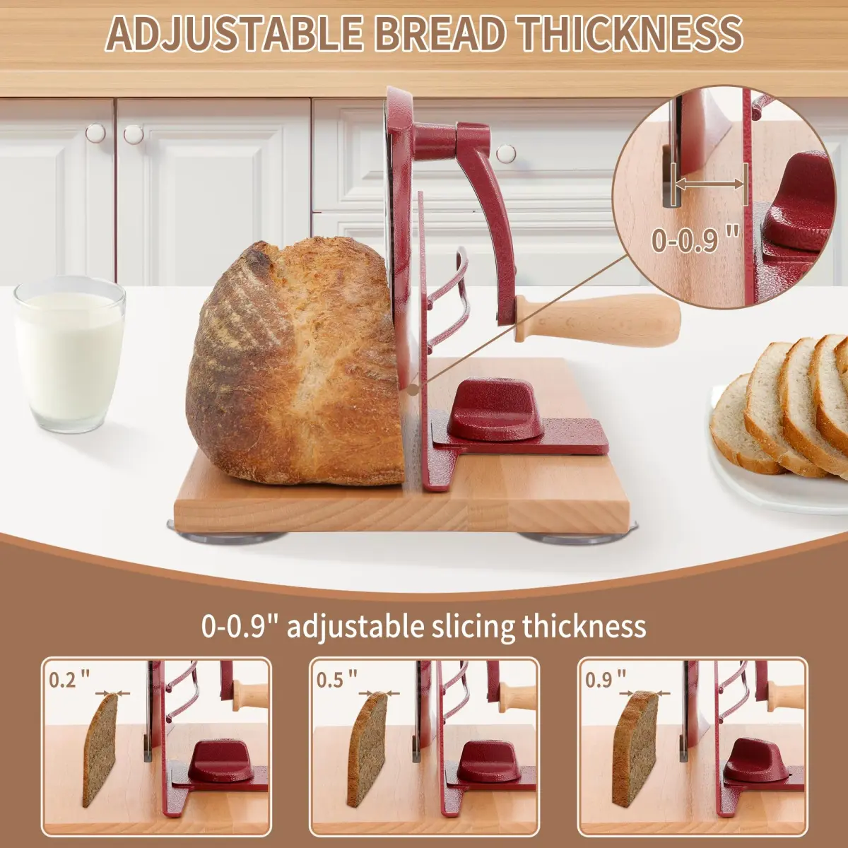 CAWIU Red Manual Sourdough Bread Slicer 16.5cm (6.5 inch) Blade | Adjustable Thickness Cutter with Hand Crank - view 2