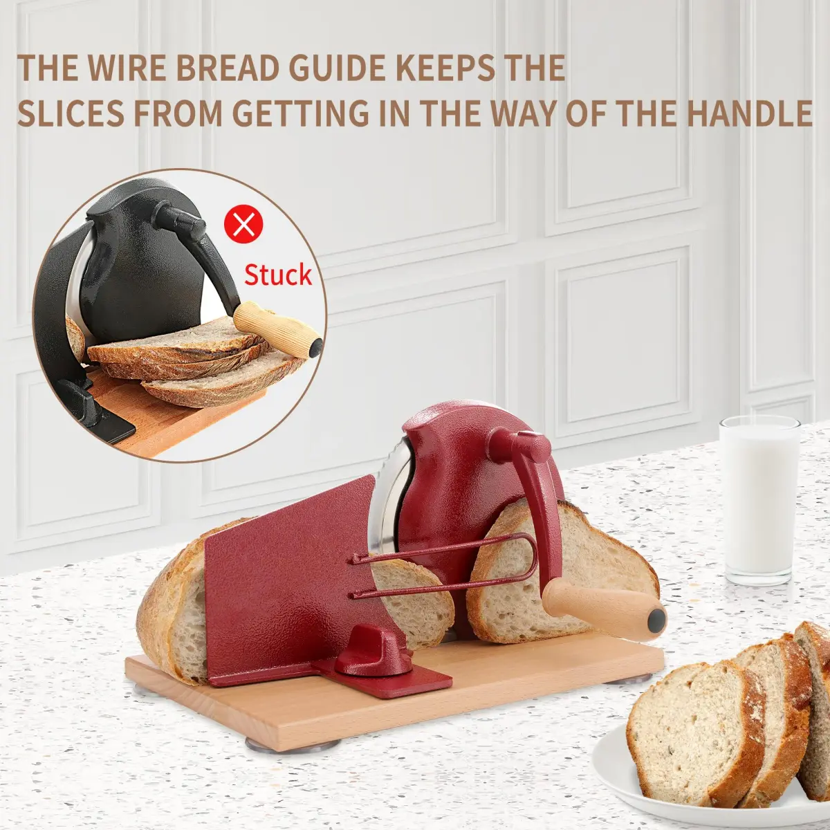 CAWIU Red Manual Sourdough Bread Slicer 16.5cm (6.5 inch) Blade | Adjustable Thickness Cutter with Hand Crank - view 3