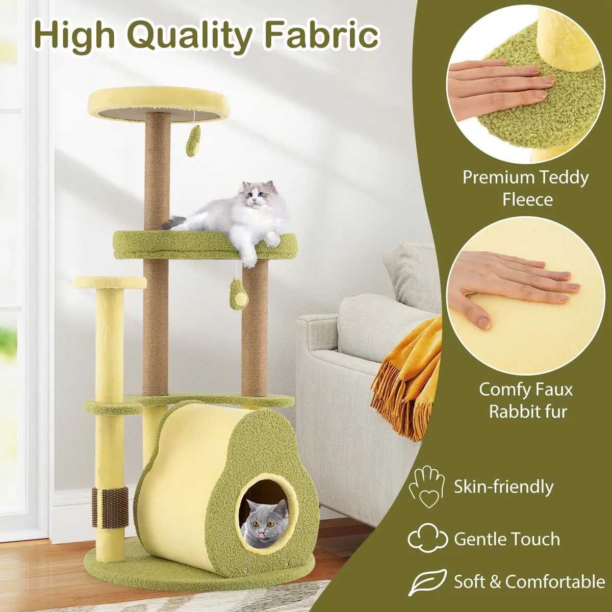 PETSITE 49-inch Avocado-Themed Cat Tree, Multi-Level Modern Cat Tower with Jute Scratching Posts, Cat Condo, Self Groomer Brush, and Dangling Toys for Indoor Cats - view 5