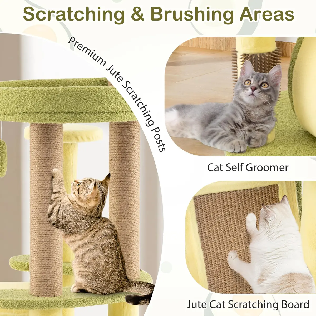 PETSITE 49-inch Avocado-Themed Cat Tree, Multi-Level Modern Cat Tower with Jute Scratching Posts, Cat Condo, Self Groomer Brush, and Dangling Toys for Indoor Cats - view 6
