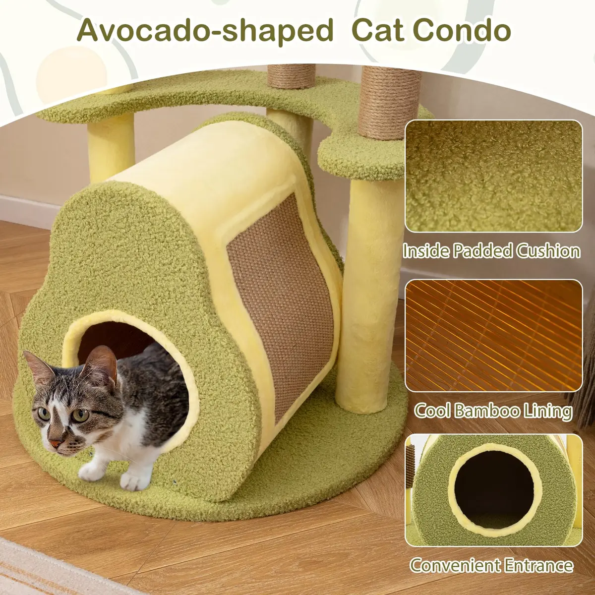 PETSITE 49-inch Avocado-Themed Cat Tree, Multi-Level Modern Cat Tower with Jute Scratching Posts, Cat Condo, Self Groomer Brush, and Dangling Toys for Indoor Cats - view 7