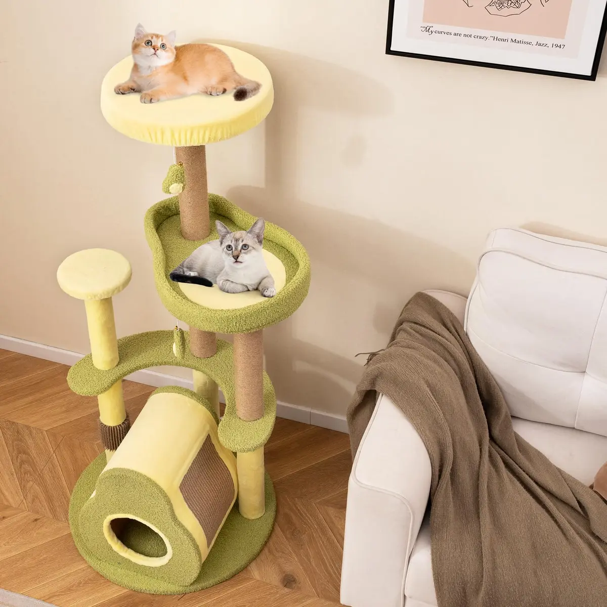 PETSITE 49-inch Avocado-Themed Cat Tree, Multi-Level Modern Cat Tower with Jute Scratching Posts, Cat Condo, Self Groomer Brush, and Dangling Toys for Indoor Cats - view 2