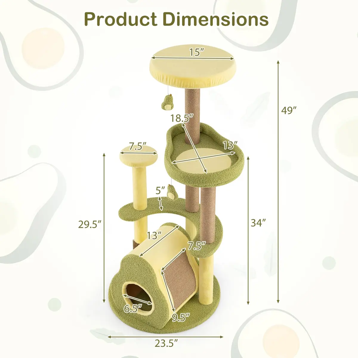 PETSITE 49-inch Avocado-Themed Cat Tree, Multi-Level Modern Cat Tower with Jute Scratching Posts, Cat Condo, Self Groomer Brush, and Dangling Toys for Indoor Cats - view 3